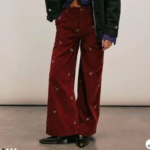NWT We The Free Clifton Cord Wide-Leg Reindeer Motif Embroidery Pants size 28